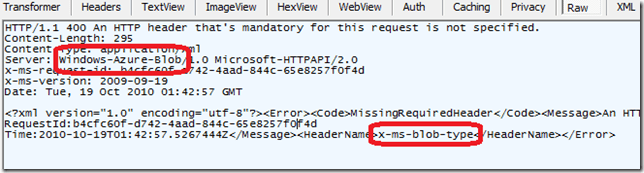 Circled “Server: Windows-Azure-Blob/1.0 Microsoft-HTTPAPI/2.0” and “<HeaderName>x-ms-blob-type</HeaderName>”